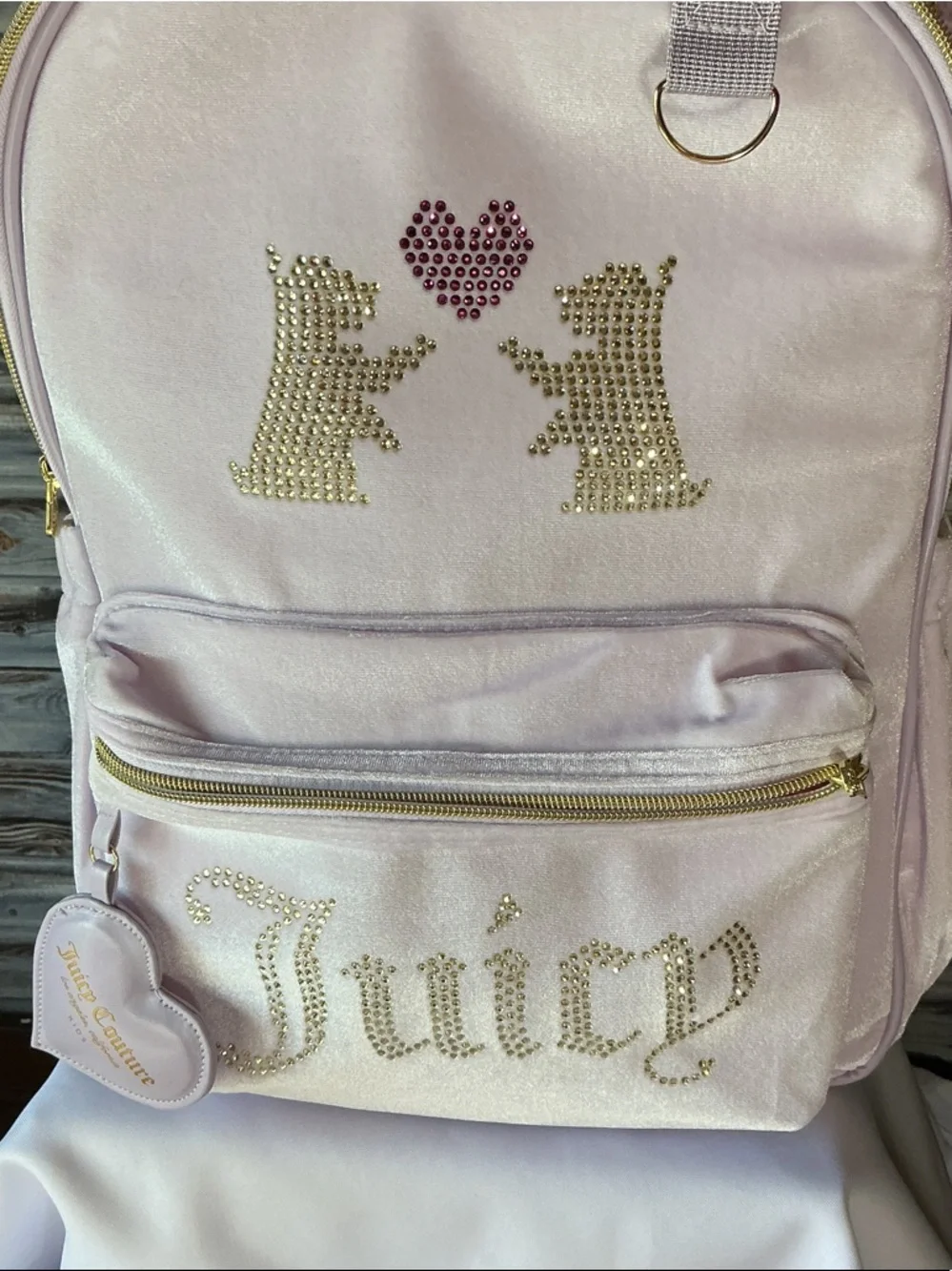 ⭐ Juicy Couture Y2K Pink Velour Backpack Rhinestone Logo Heart Coin Purse
